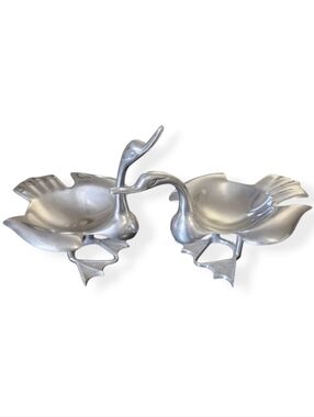 Vintage Pair of Silver-Tone Cast Aluminum Goose/Duck/Swan Trinket Bowls